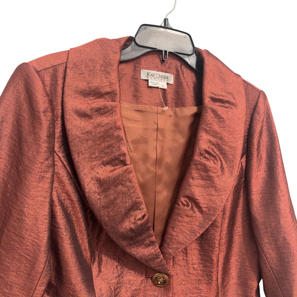 Kay Unger New York Blazer Copper Metallic Shimmer Shawl Collar Evening Size 14 - Picture 2 of 8